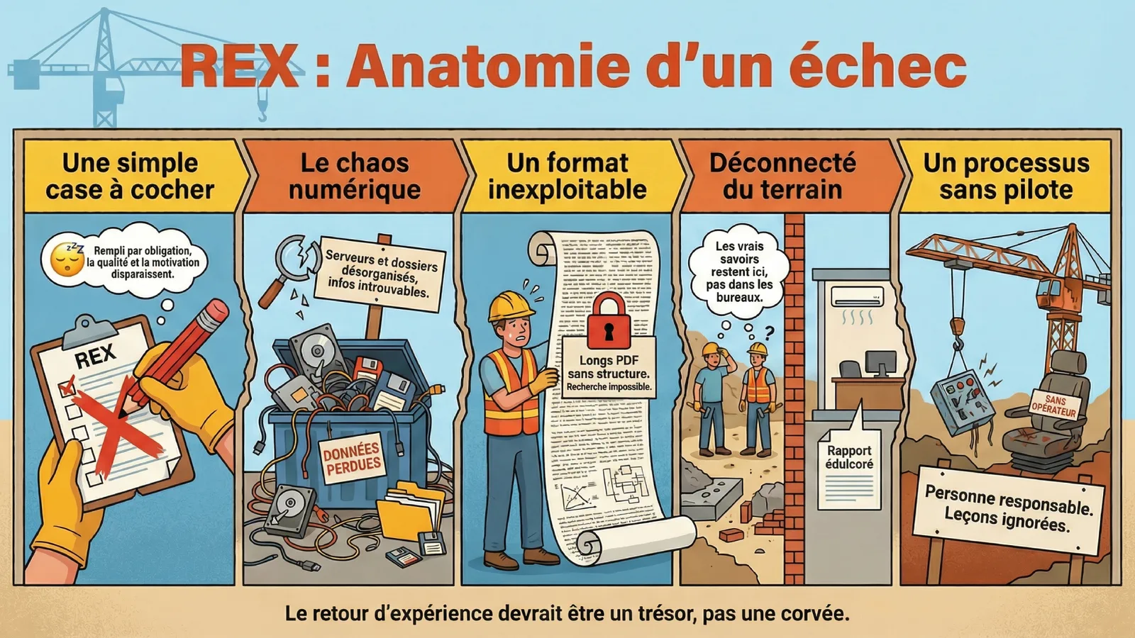 Infographie « REX : anatomie d'un échec » : une case à cocher, le chaos numérique, un format inexploitable, un retour déconnecté du terrain, un processus sans pilote