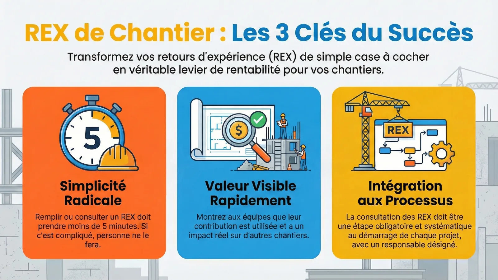 Infographie « REX de chantier : les 3 clés du succès » : simplicité radicale, valeur visible rapidement, intégration aux processus