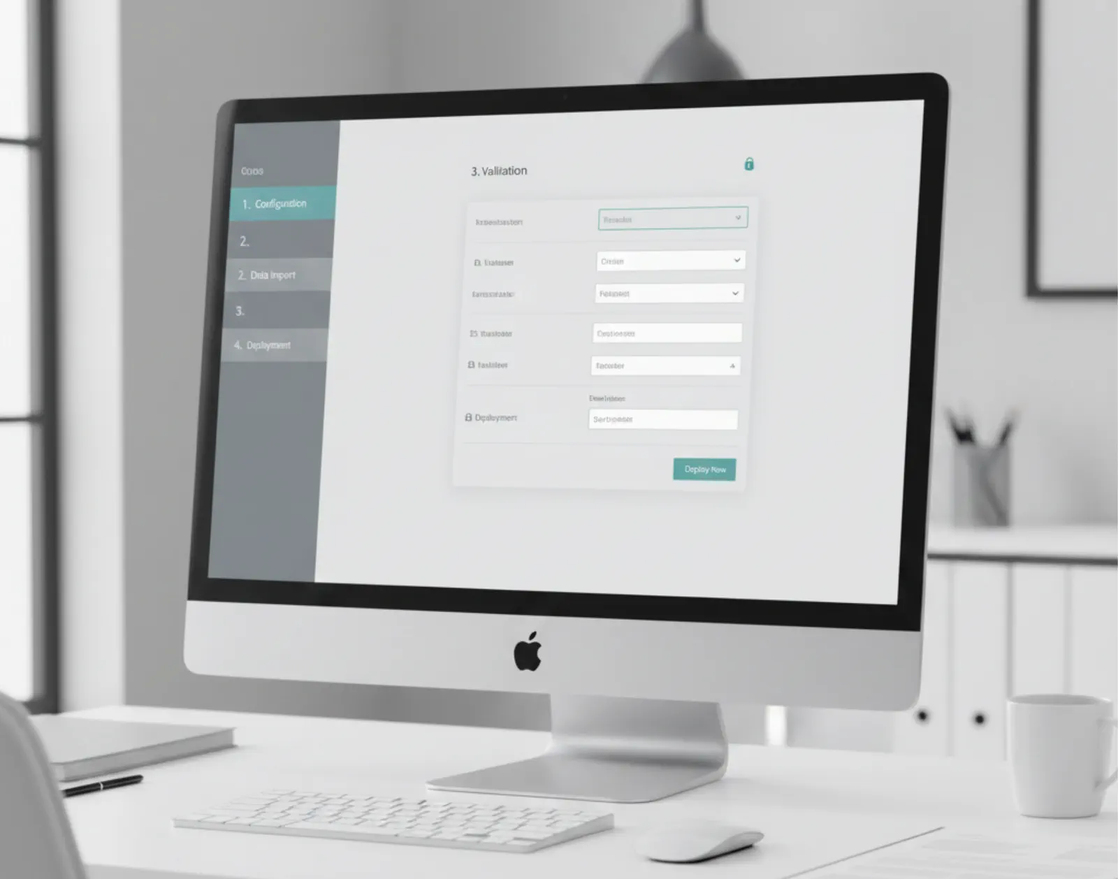 Ordinateur affichant une application métier de saisie, sur un bureau