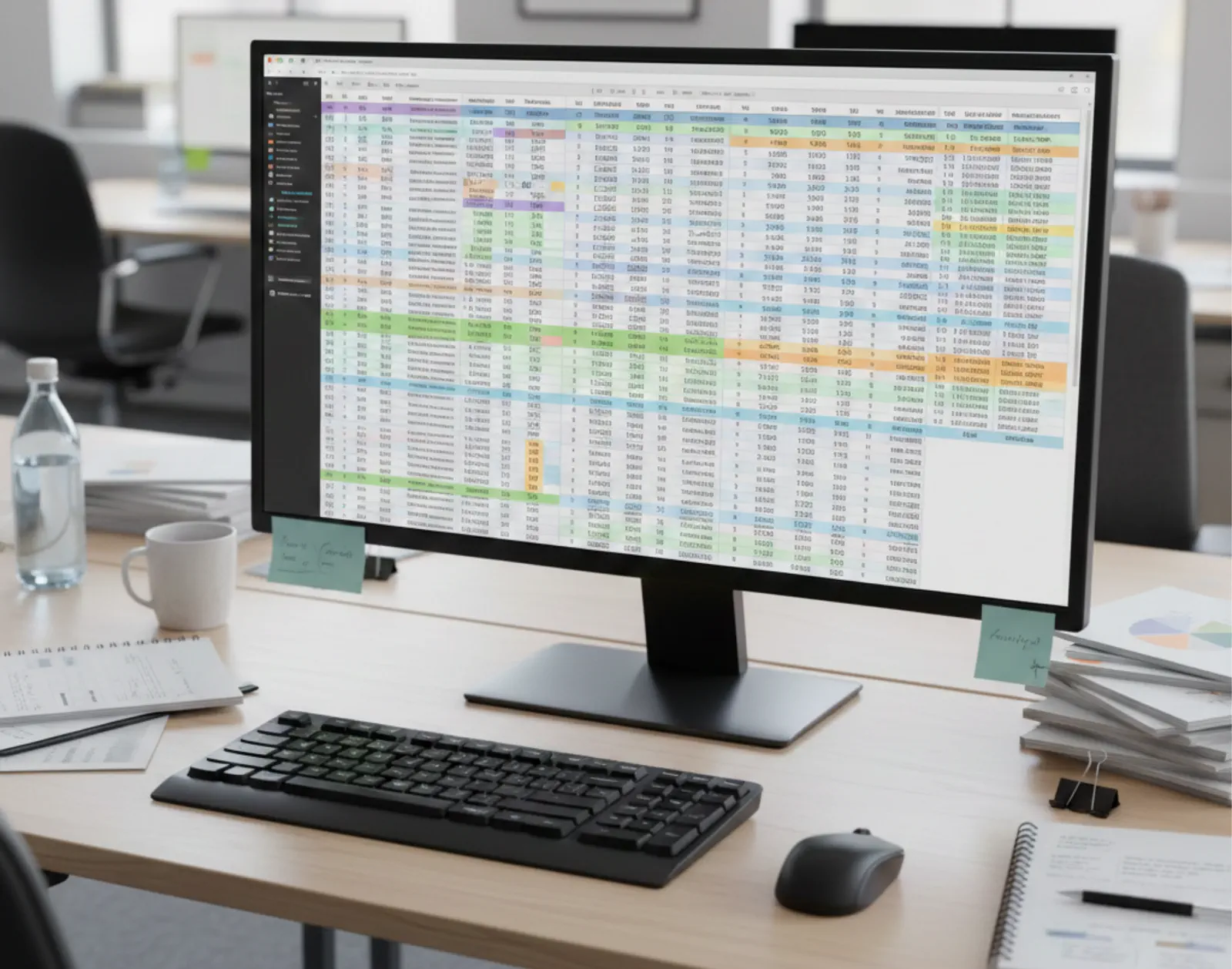Écran d'ordinateur affichant un grand fichier Excel aux lignes colorées