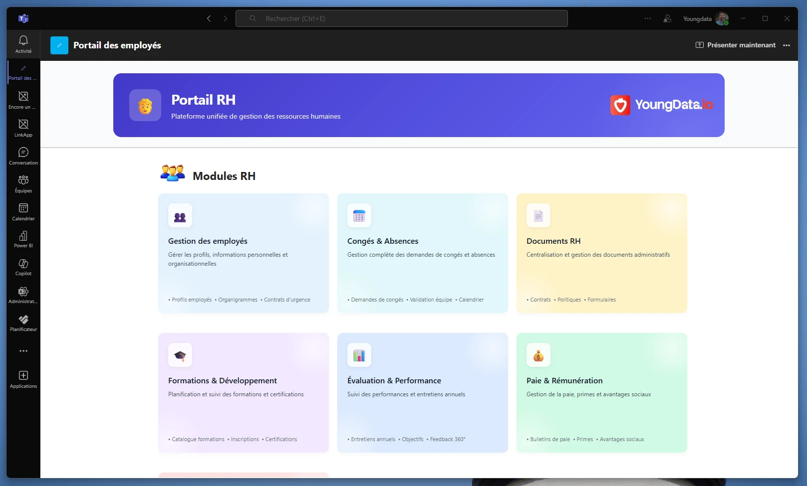 Application RH construite par YoungData : écran d’accueil
