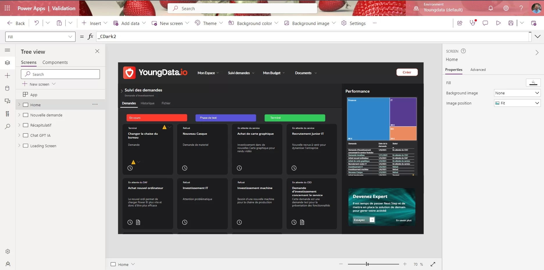 Application Power Apps en cours de conception dans Power Apps Studio