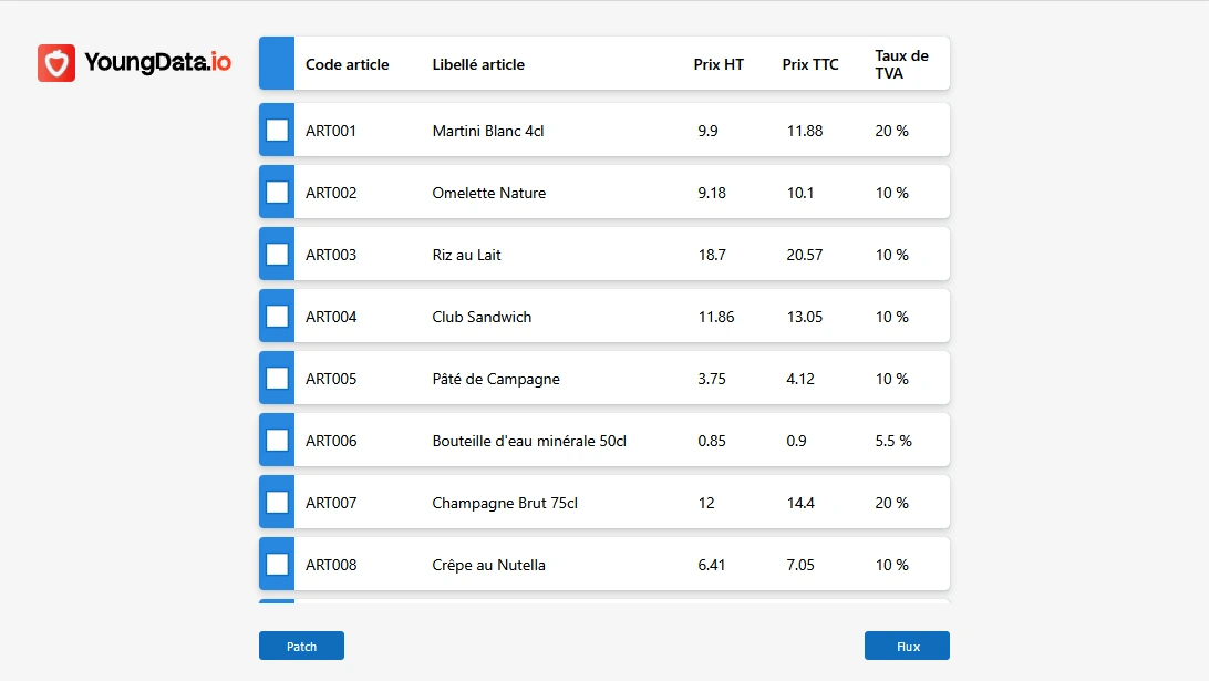 Application Power Apps d'exemple : articles de restauration avec prix HT, prix TTC et taux de TVA, et les boutons Patch et Flux