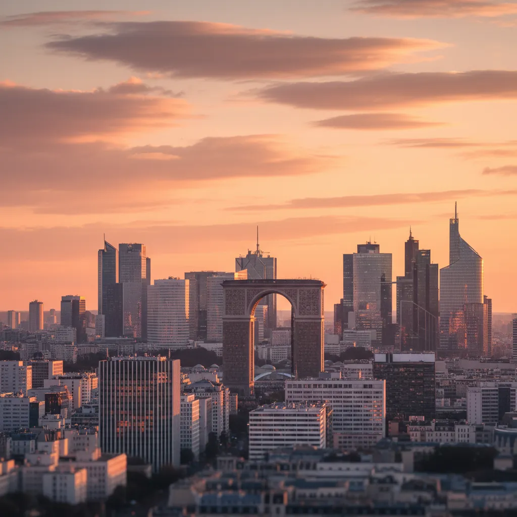 Paris, les tours de La Défense au coucher du soleil