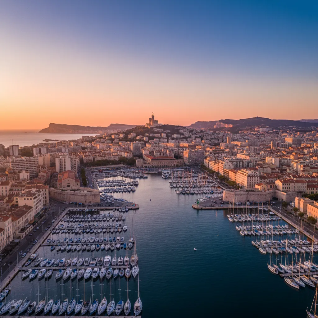 Marseille, le Vieux-Port et Notre-Dame de la Garde au coucher du soleil