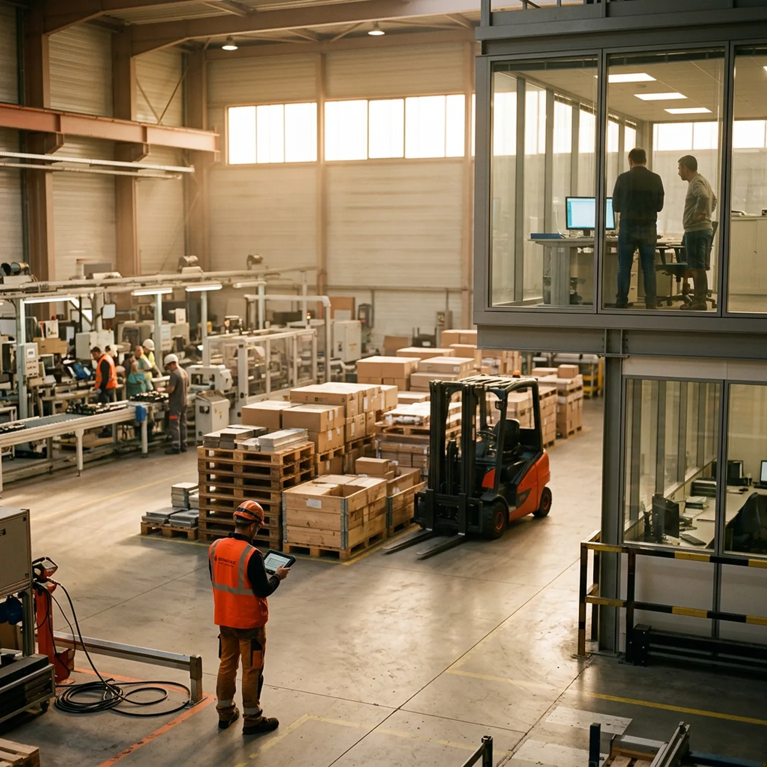 Atelier industriel : un technicien en gilet orange consulte une tablette près d'un chariot élévateur et de palettes, sous des bureaux vitrés