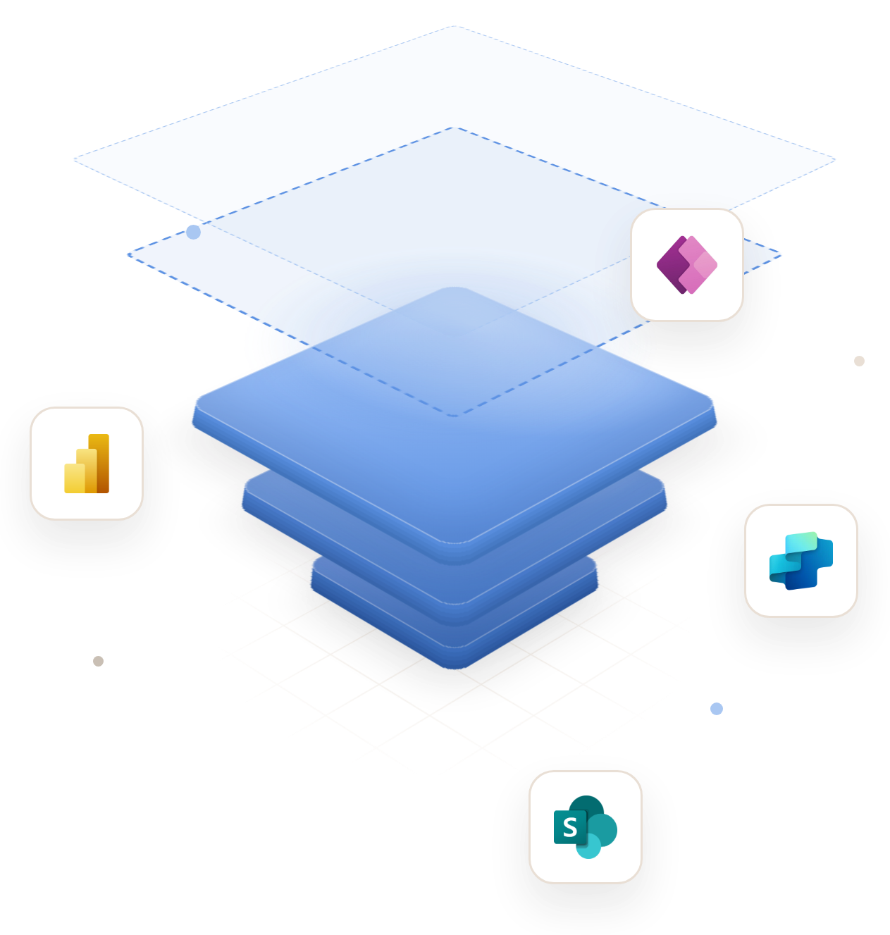 Un socle Power Platform en couches, entouré de Power Apps, Power BI, Copilot et SharePoint, avec une couche supplémentaire prête à se poser au-dessus