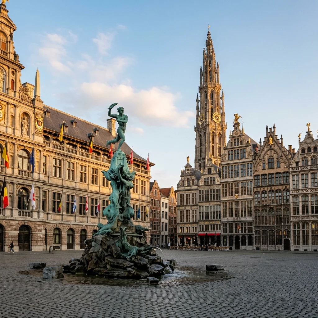Anvers, la Grand-Place, la fontaine de Brabo et la flèche de la cathédrale