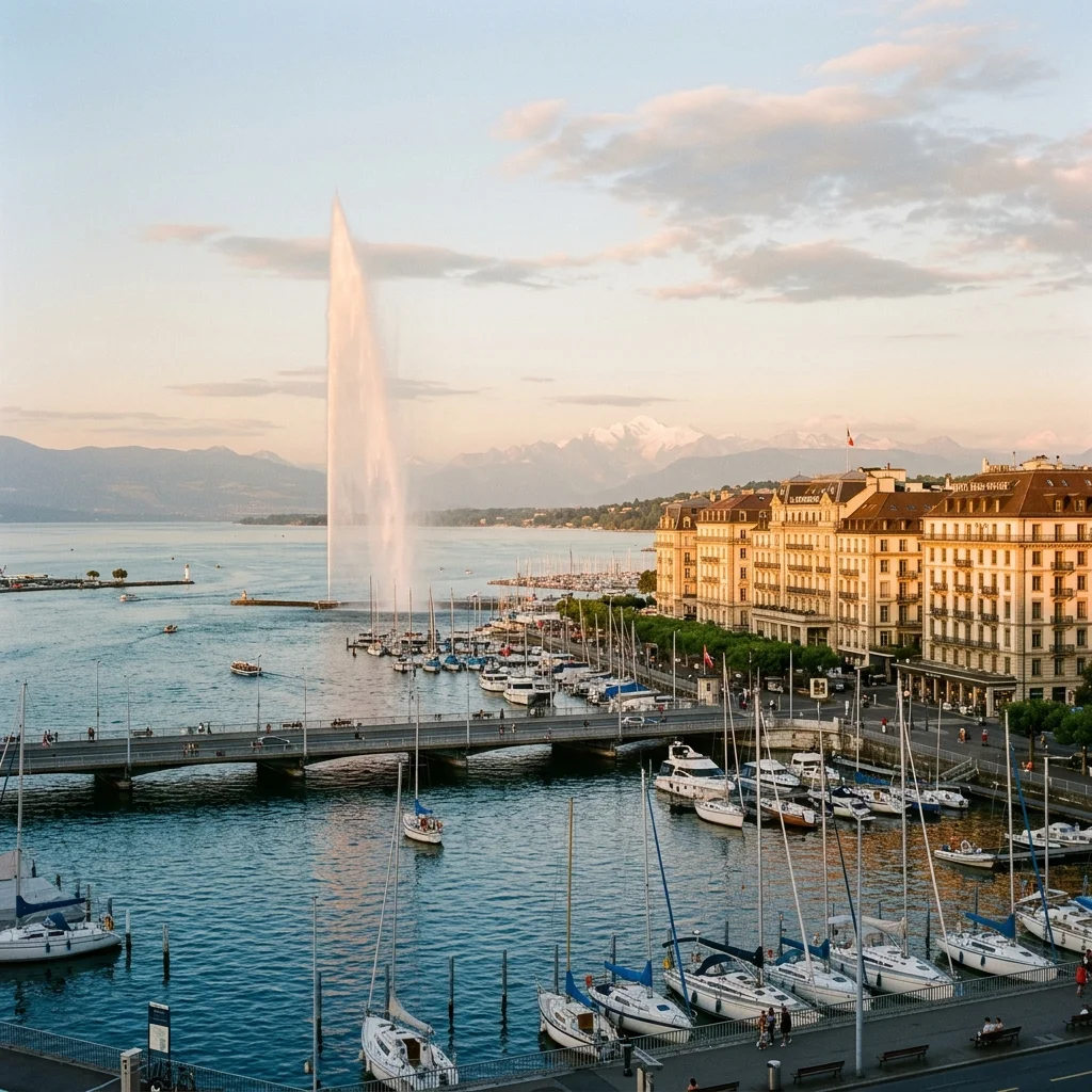 Genève, le jet d'eau et la rade au coucher du soleil