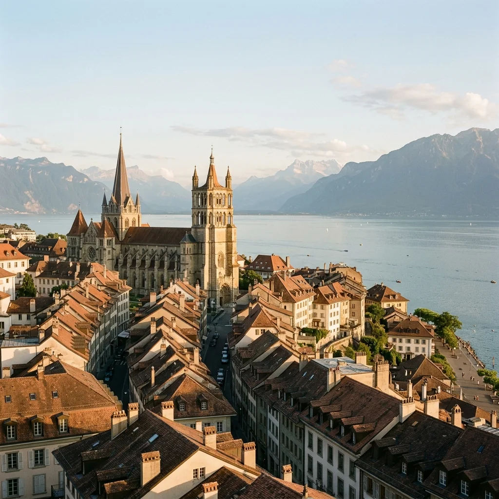 Lausanne, la cathédrale et la vieille ville au-dessus du Léman