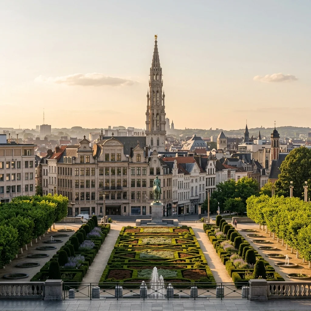 Bruxelles, les jardins du Mont des Arts et la flèche de l'hôtel de ville