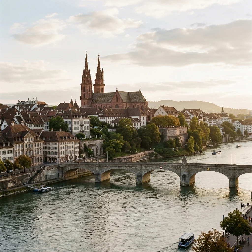 Bâle, le Rhin, le pont du Milieu et la cathédrale de grès rouge