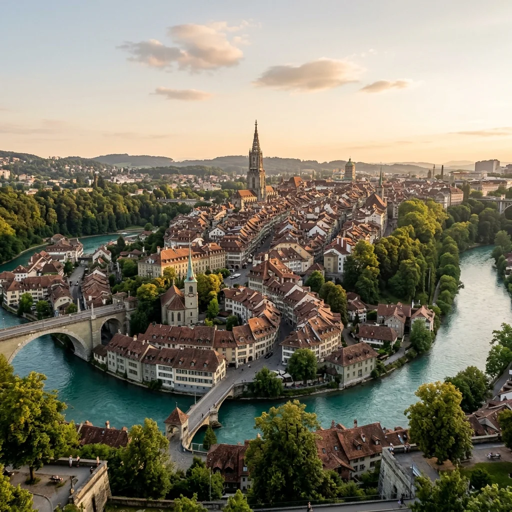 Berne, la vieille ville dans la boucle de l'Aar et la flèche de la collégiale