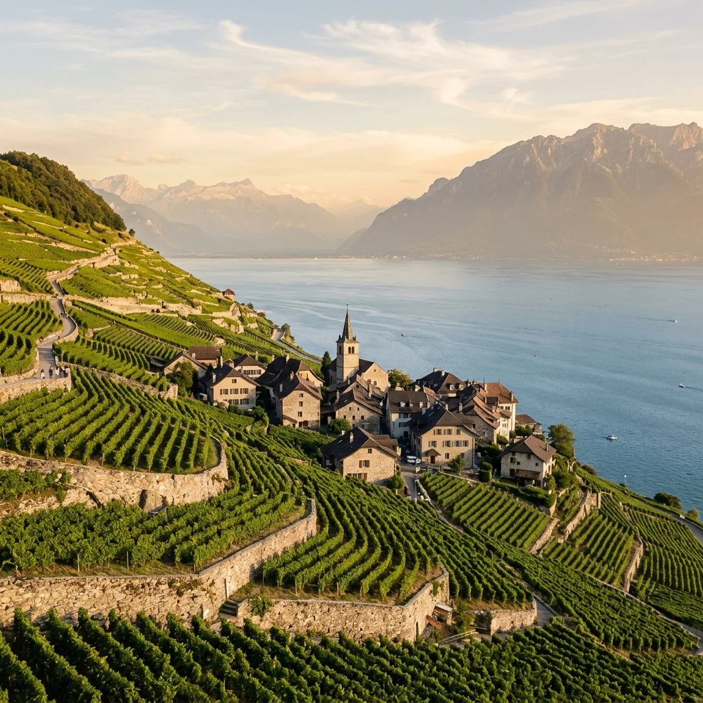 Suisse, les vignobles en terrasses de Lavaux au bord du Léman