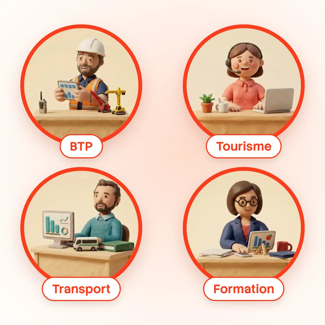 Quatre métiers en pâte à modeler dans des cercles rouges : BTP, tourisme, transport et organismes de formation