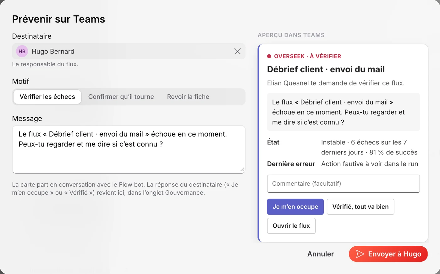 Fenêtre Prévenir sur Teams d’Overseek, avec l’aperçu de la carte Teams et les boutons Je m’en occupe et Vérifié