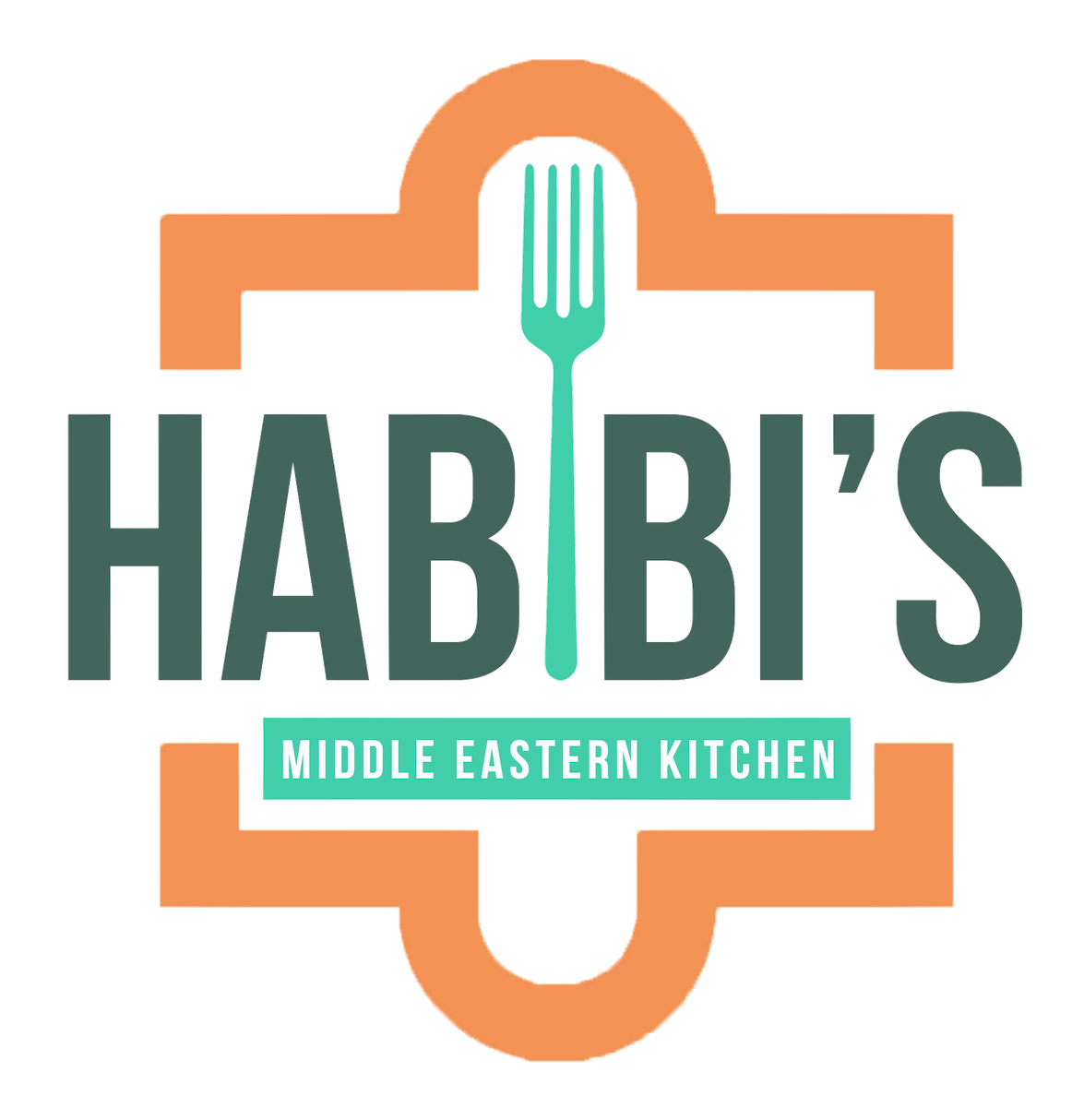 Habibi's Middle Eastern Kitchen logo with green fork integrated in the text and an orange geometric frame.