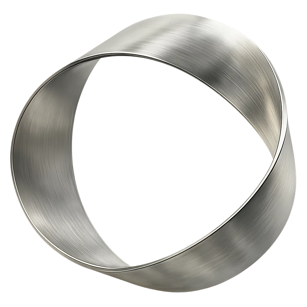 Brushed metal Möbius strip with a smooth twisted loop.