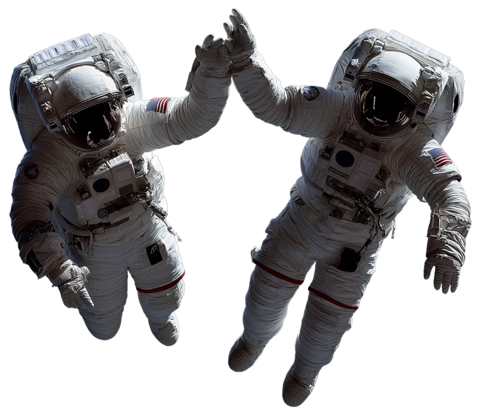 Photo of astronauts high fiving each other while floating in space