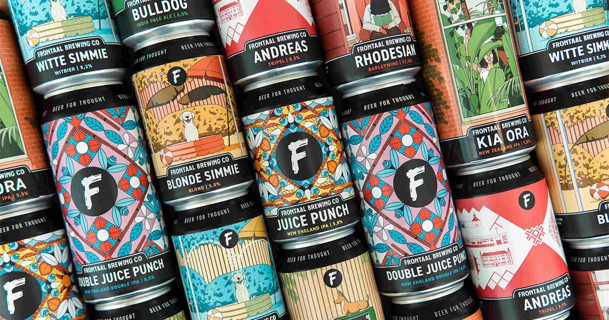 Frontaal Brewing Company cans lined up side by side
