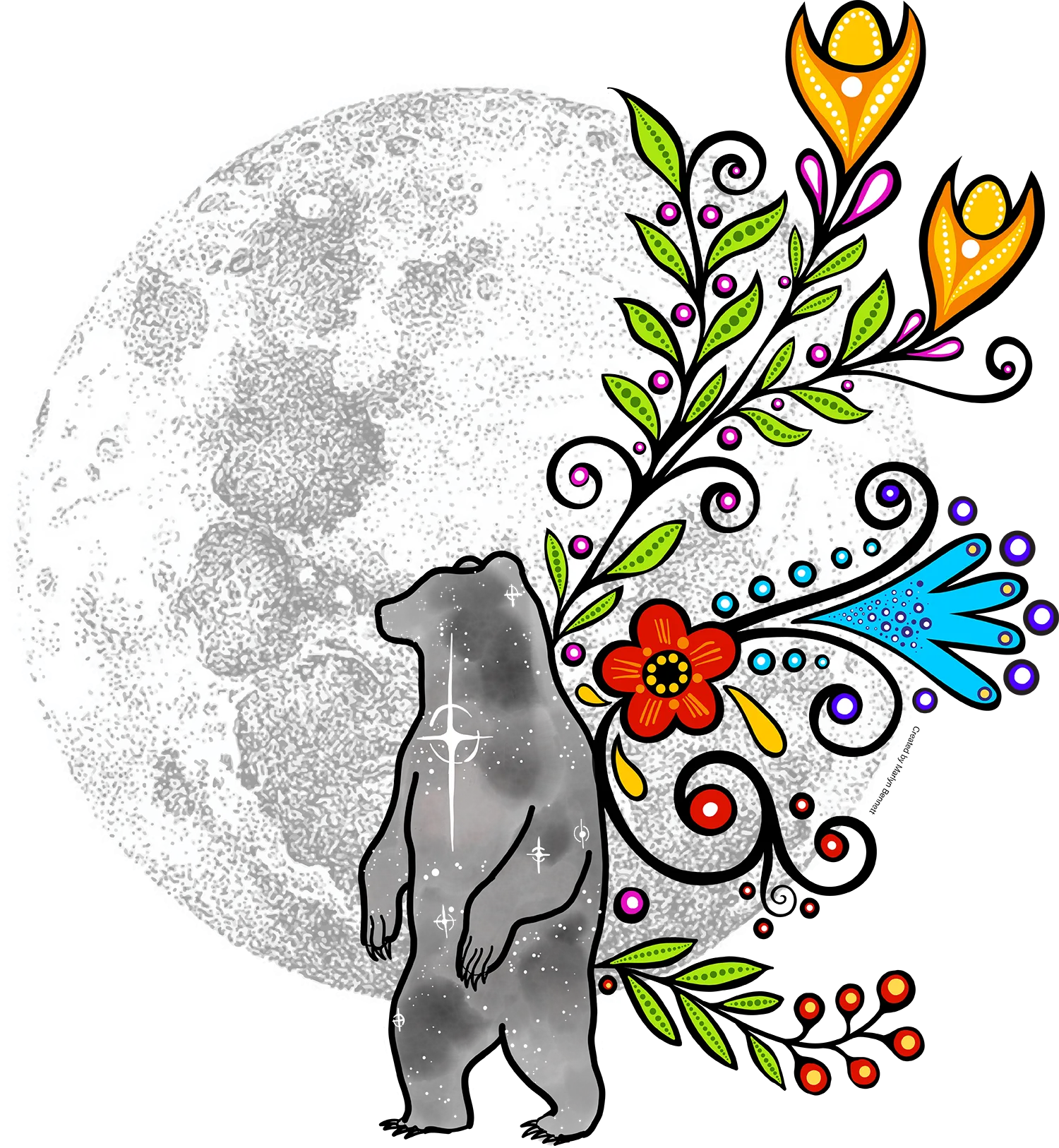 Bear silhouette filled with starry night sky standing in front of a large moon with colourful floral and swirl patterns.