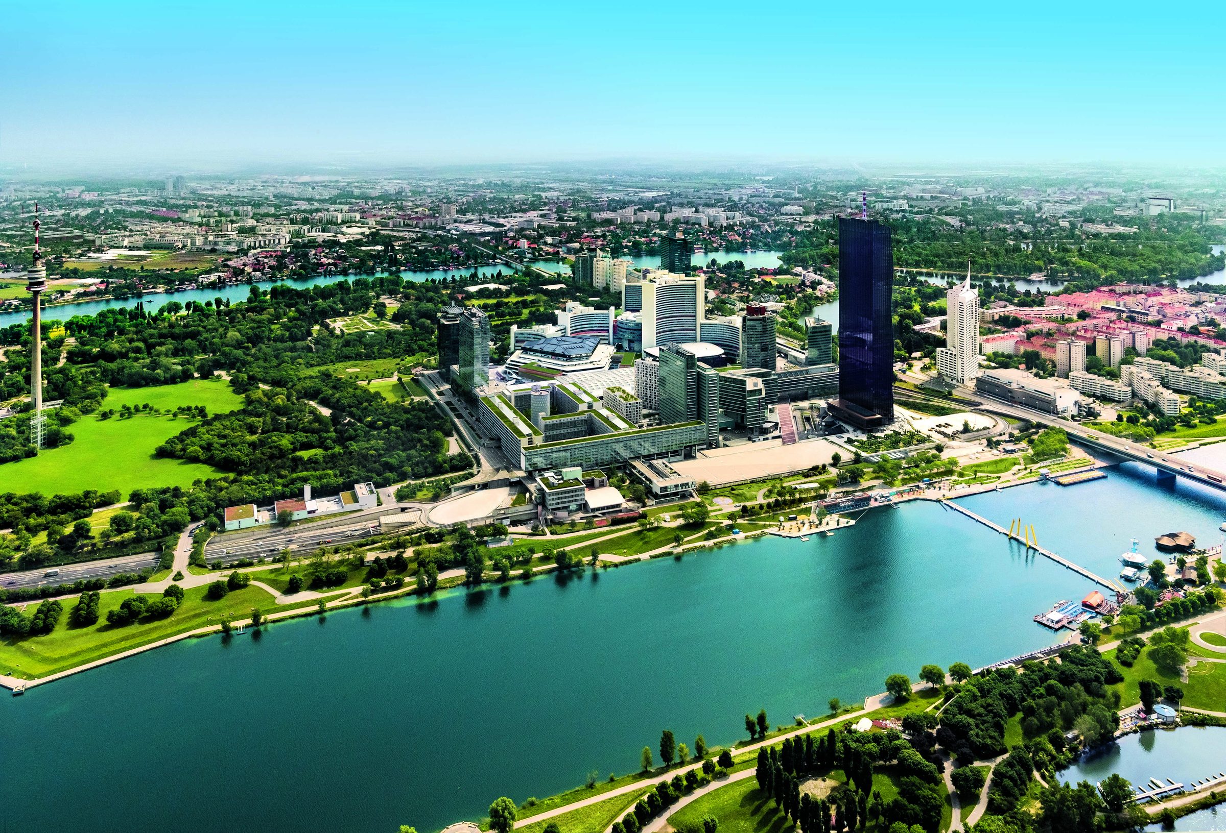 Aerial view of Austria Center Vienna and Donau City in Vienna, host venue for GBTA + VDR Europe Conference 2026