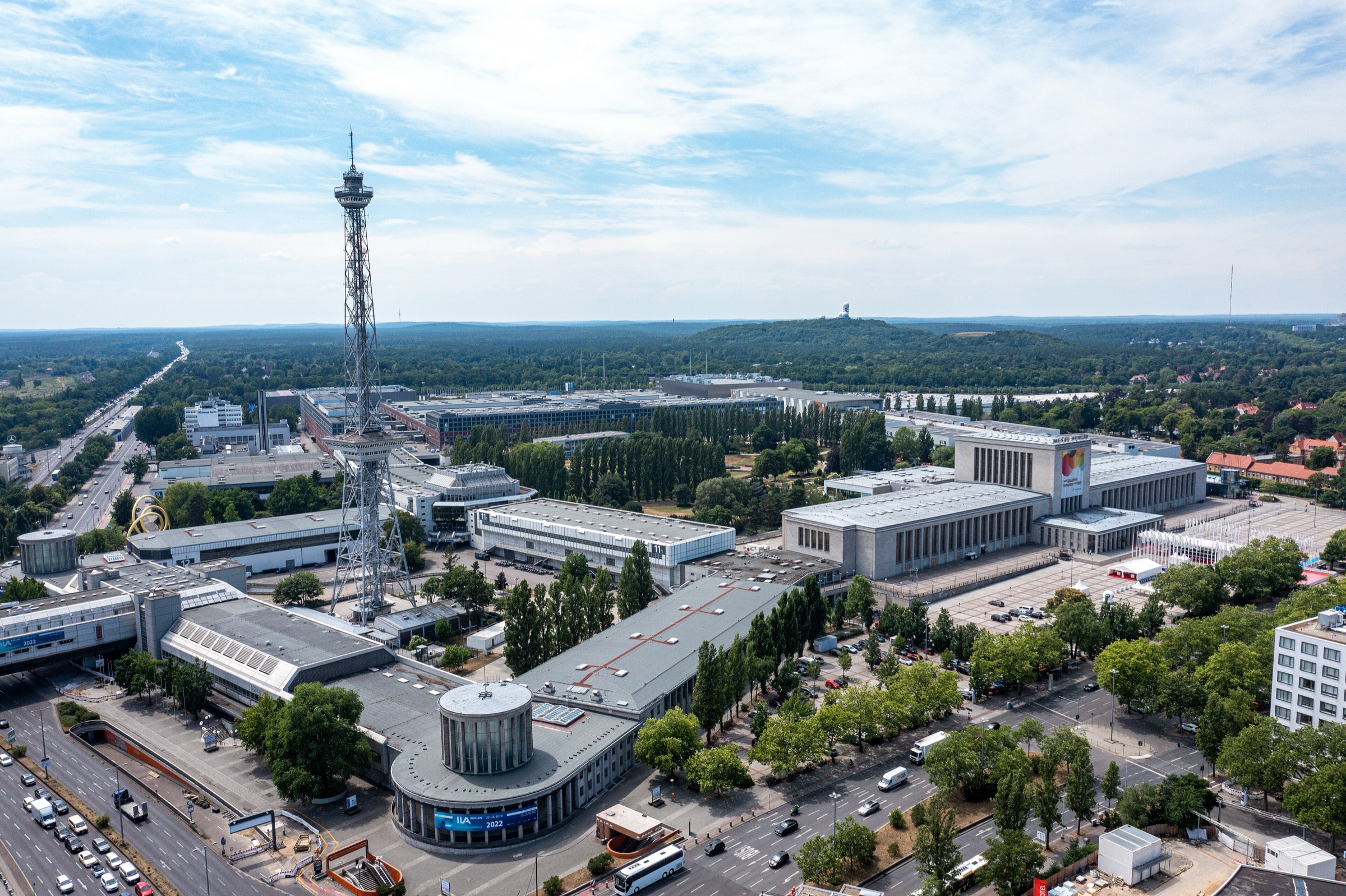 Aerial view of the Messe Berlin exhibition grounds with the Funkturm radio tower