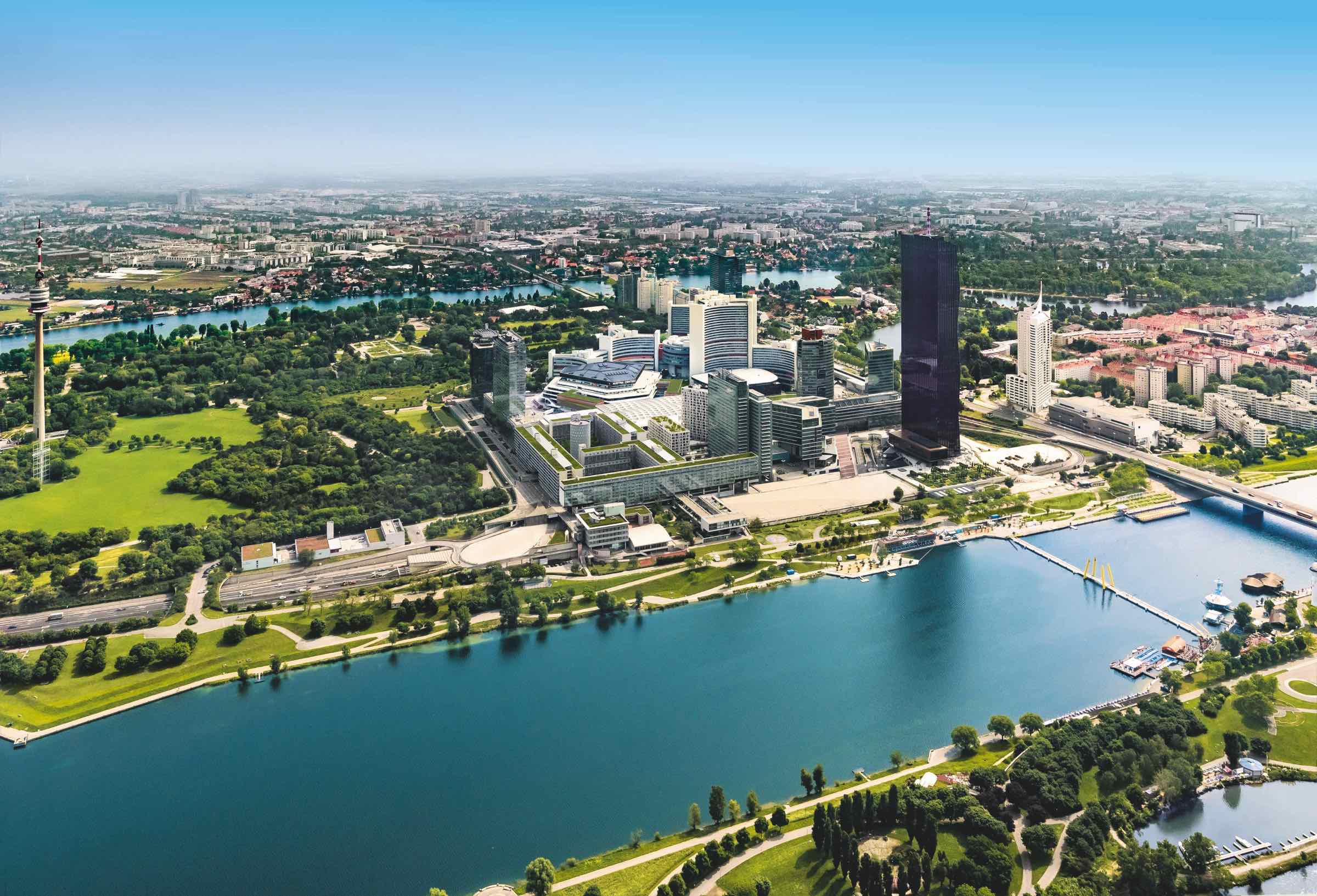 Aerial view of the Austria Center Vienna and the Donau City skyline in Vienna