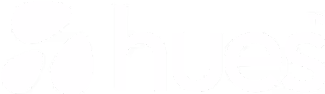Hues company logo with three abstract orange shapes to the left of the text.