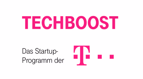 'TECHBOOST' in bold magenta text with 'Das Startup-Programm der' in black text beneath, next to the magenta T-Mobile logo.