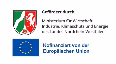 Coat of arms of North Rhine-Westphalia beside text stating funding by the Ministry for Economy, Industry, Climate Protection and Energy of North Rhine-Westphalia, and the flag of the European Union with text about co-financing by the European Union.