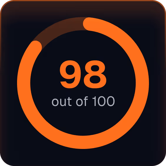 Orange progress circle showing score 98 out of 100 on a dark background.