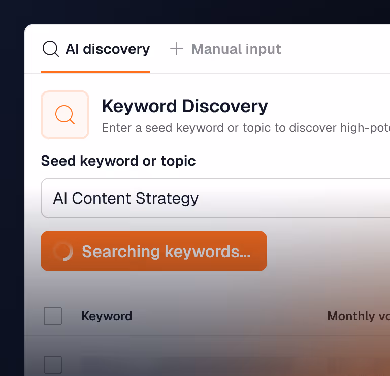 Keyword Discovery tool interface showing AI Content Strategy as the seed keyword and a loading button labeled Searching keywords.