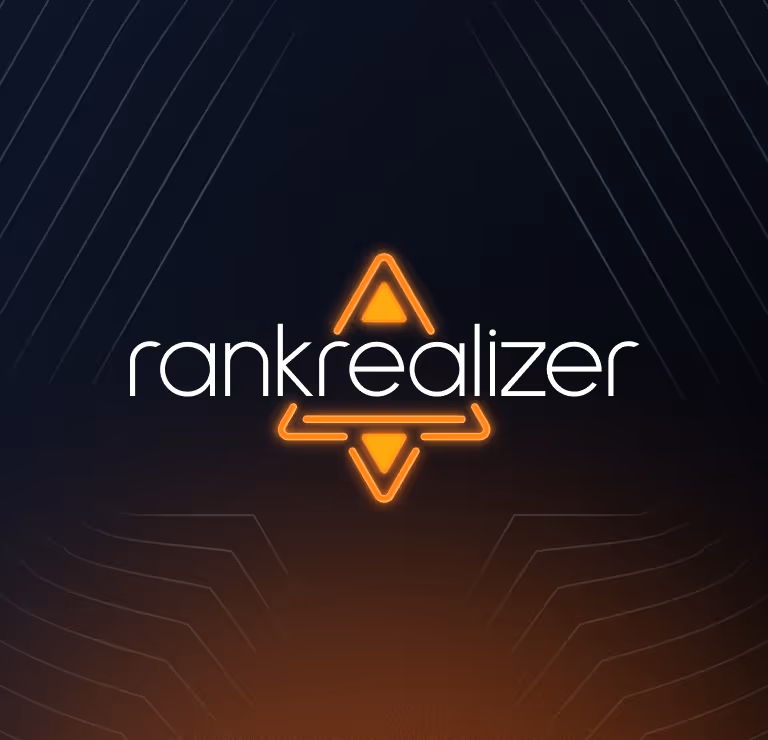 Rankrealizer logo with stylized orange triangular shapes above and below the text on a dark background.