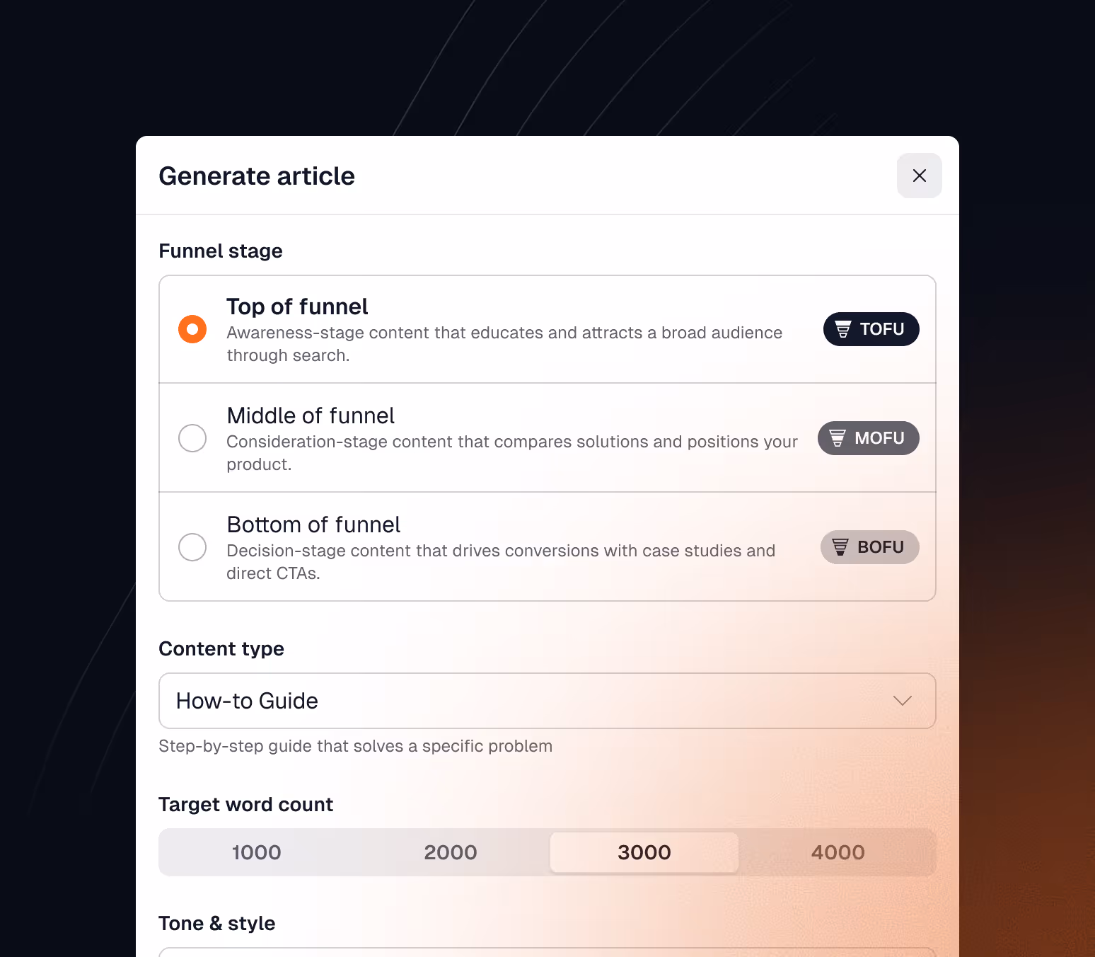 User interface for generating articles with funnel stage options top, middle, bottom; content type set to How-to Guide; target word count set to 3000.
