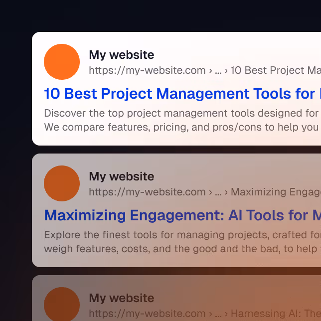 Google search result snippets showing a website offering articles about project management tools and AI tools for maximizing engagement.