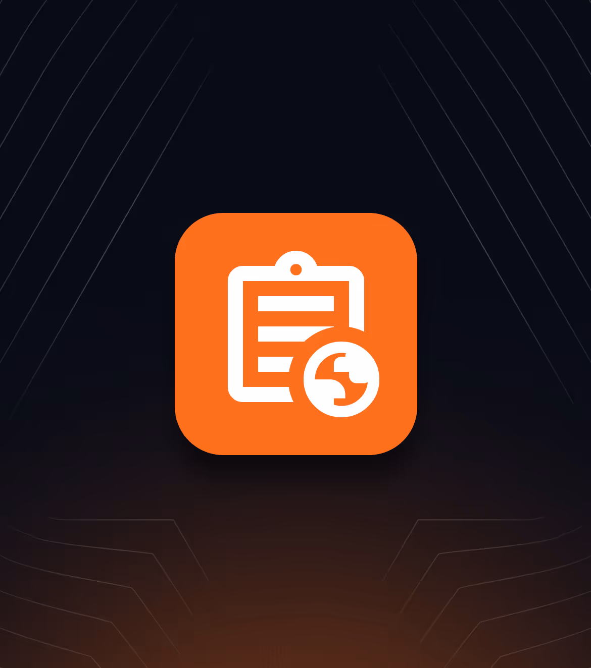 Icon of a clipboard with lines and a globe symbol in front on an orange rounded square background.