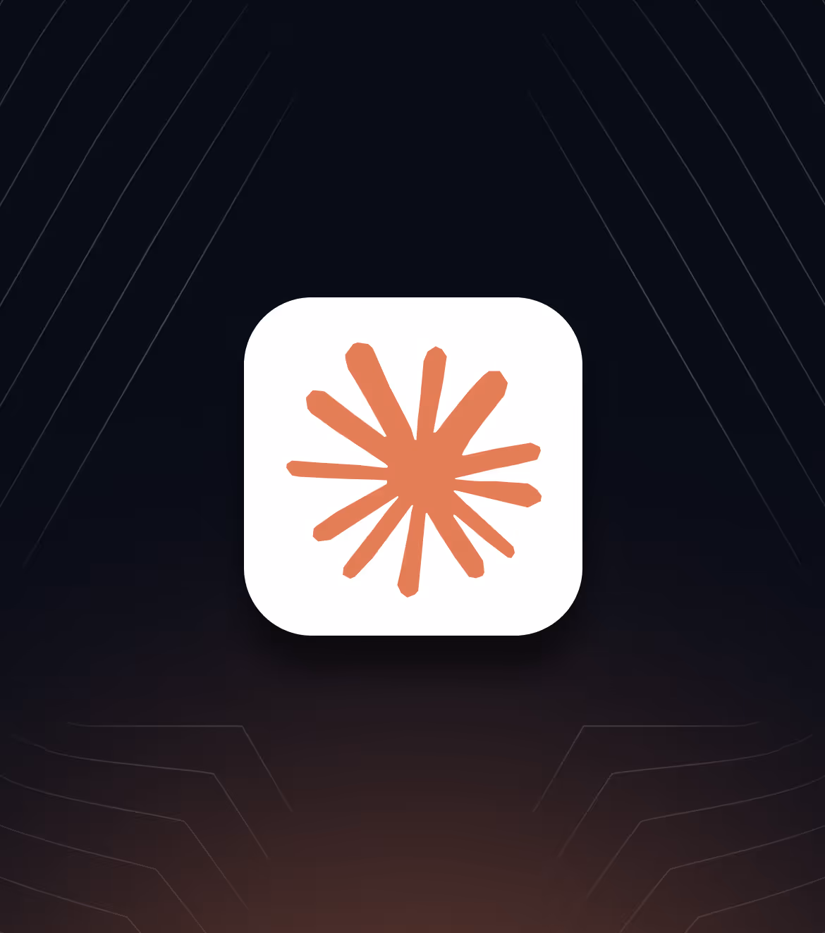Abstract starburst shape in orange on a rounded white square background.
