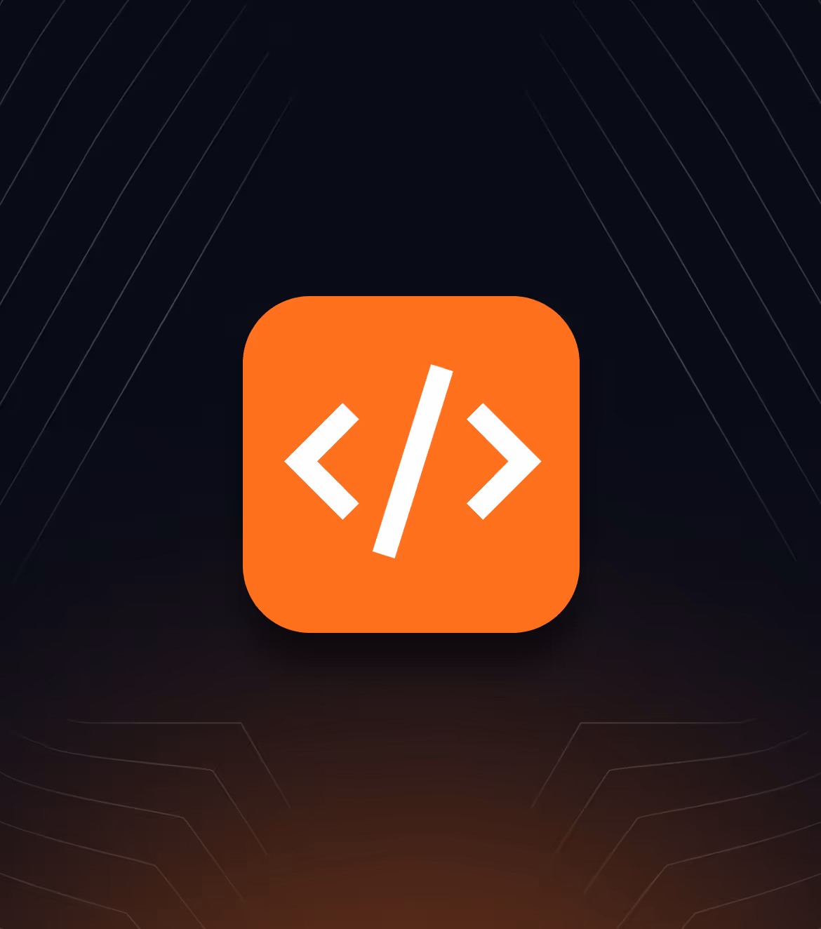 Orange square icon with white coding brackets and a slash symbol on a dark background.