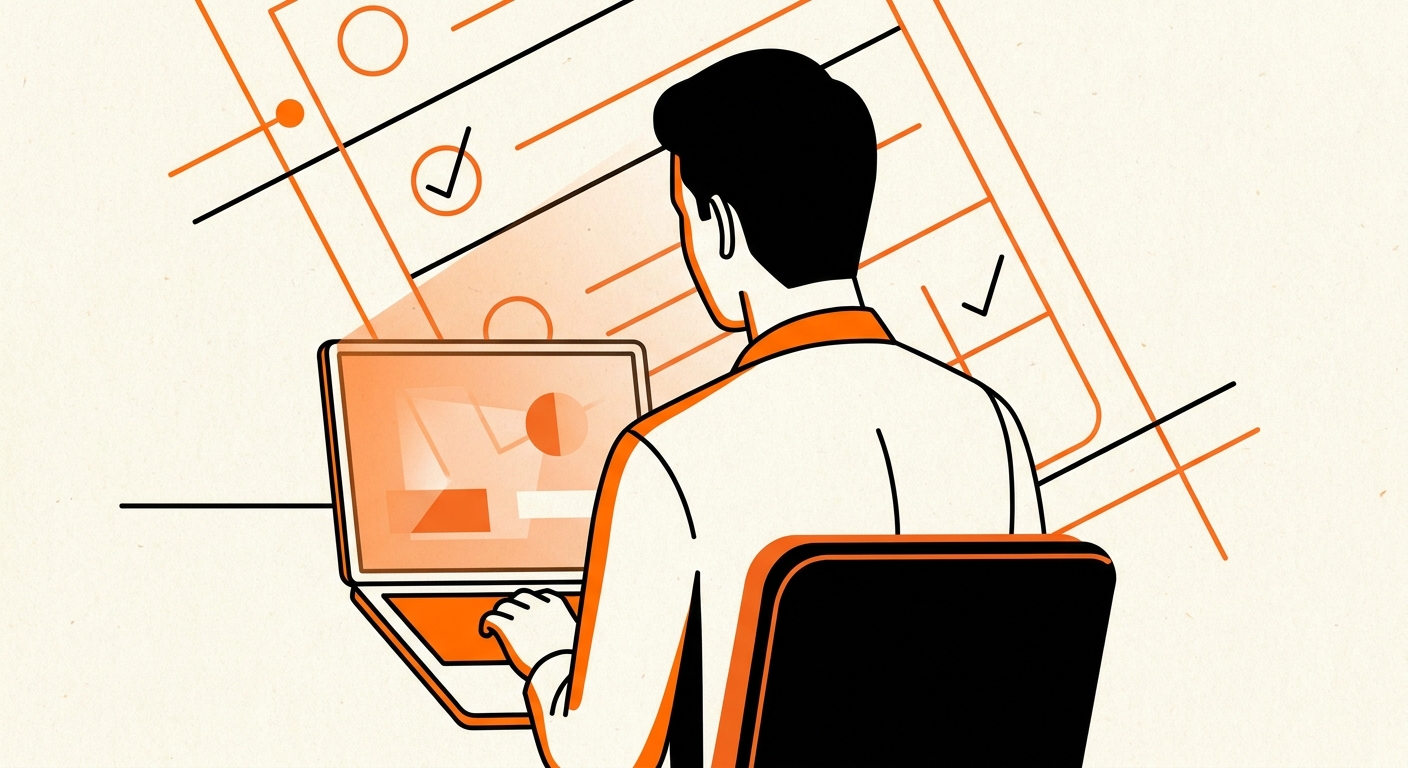 Illustration for customer checking laptop, checklist in background
