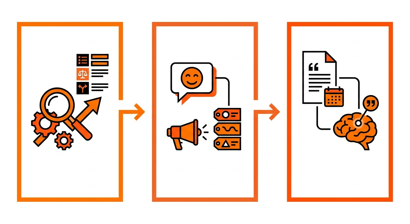 Illustration for An infographic explaining what business review content does for visibility, with three labelled panels: third-party review pages ranking for high-intent comparison and alternatives queries, reviews supplying real buyer language for keywords and messaging, and reviews providing quotable, dated, attributed material that AI engines cite.