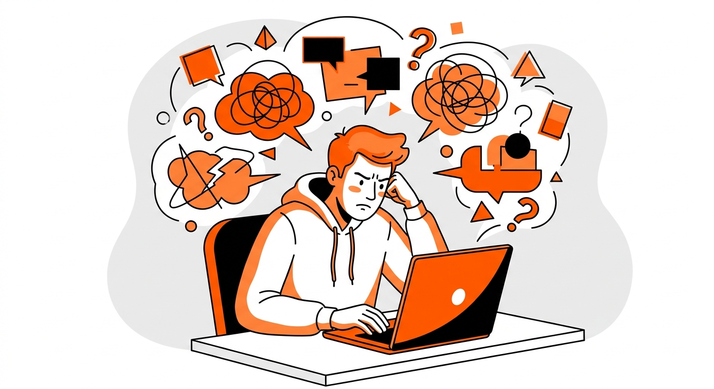 Illustration for illustration of a person with laptop, trying to understand stuff