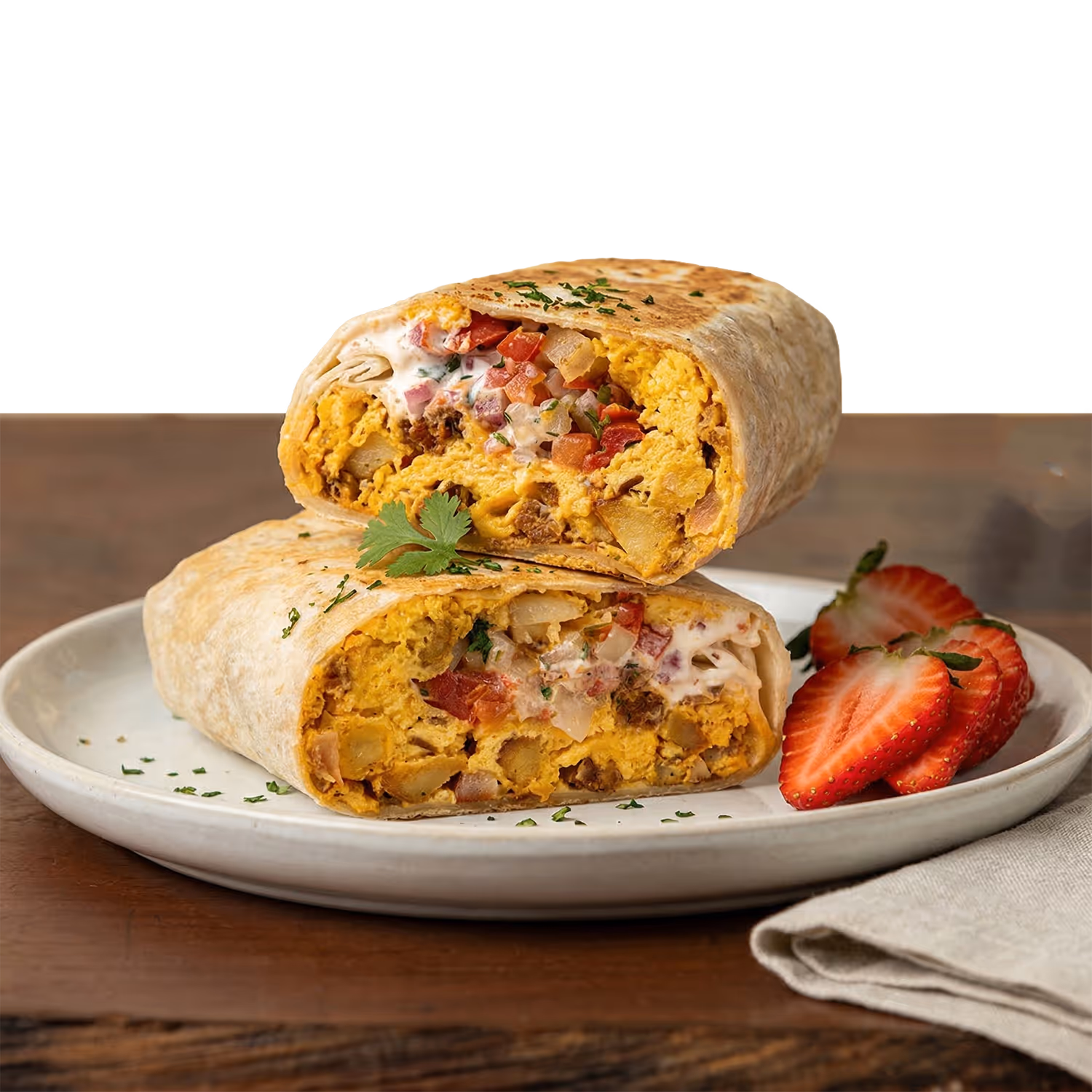Breakfast burrito cut in half on a plate garnished with herbs and served with sliced strawberries.