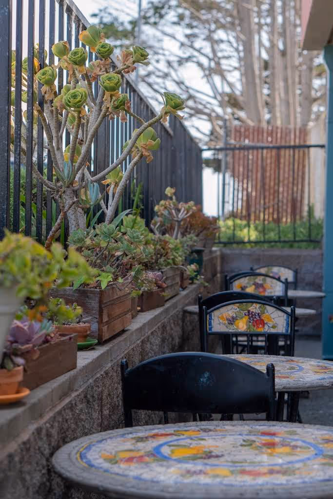 Outdoor seating area with mosaic-tiled round tables and black chairs, next to a stone wall with potted succulent plants and a metal fence.