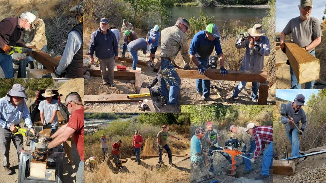 A collage showing teams of volunteers and conservationists working together to build wooden erosion control structures along a riverbank.