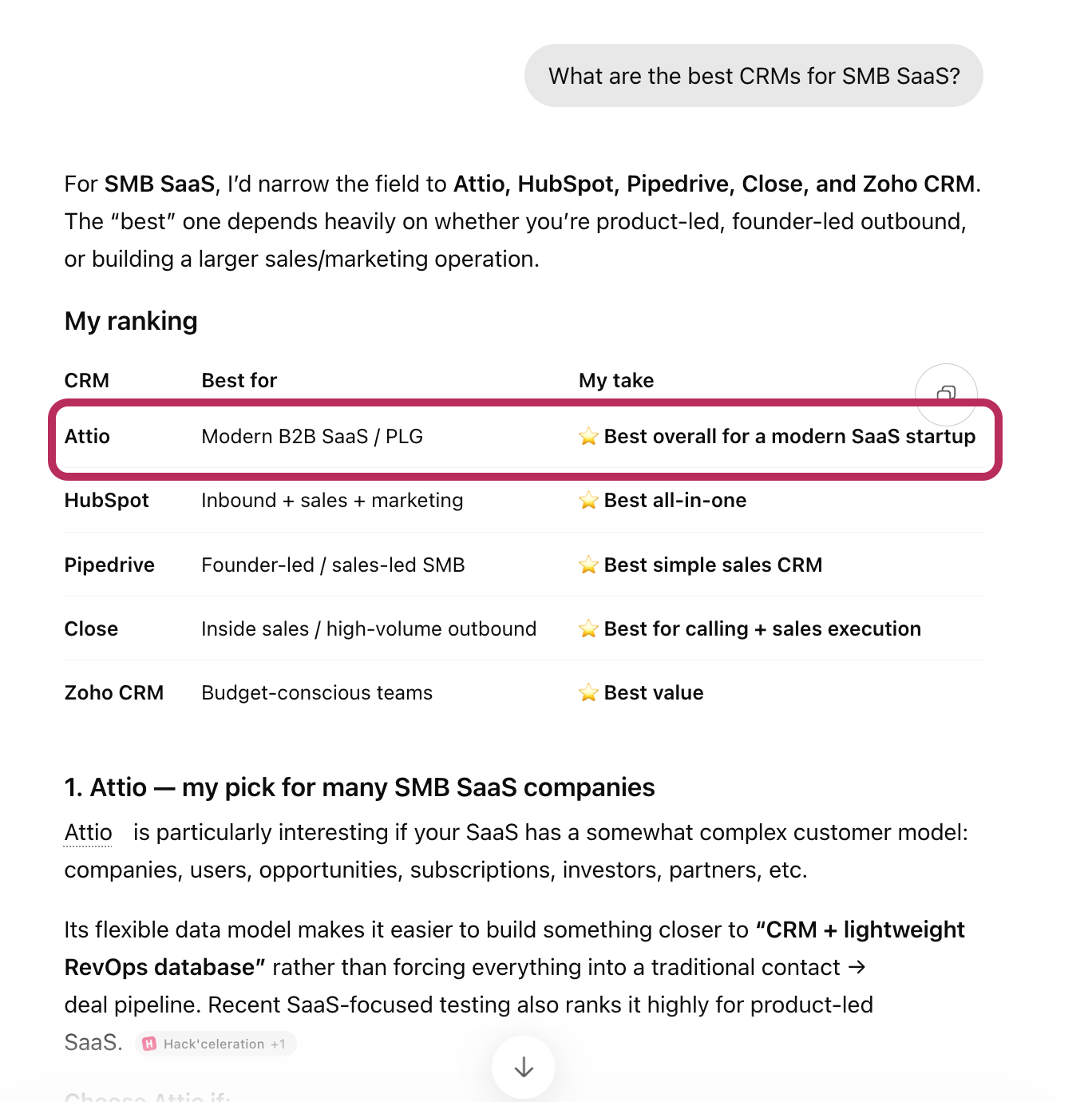 Example of ChatGPT ranking Attio as the first/best solution 