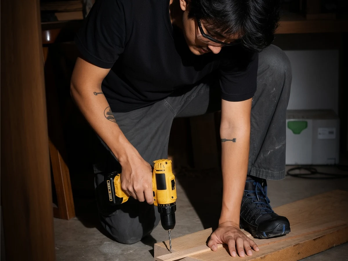 Handyman using a drill in a workshop