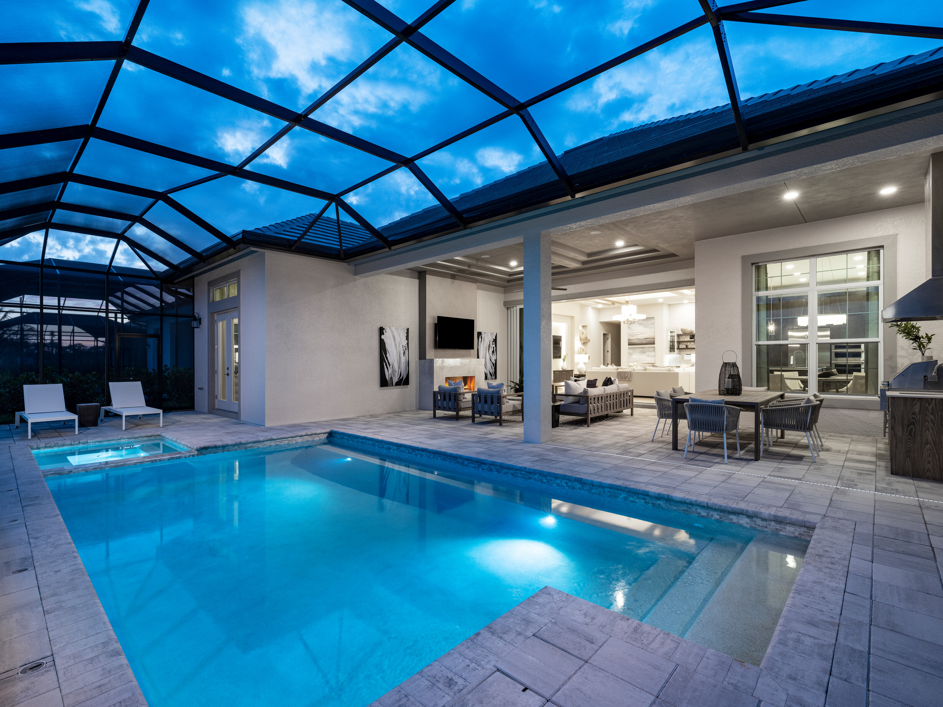 Stepping stone pool fire bowls palms
