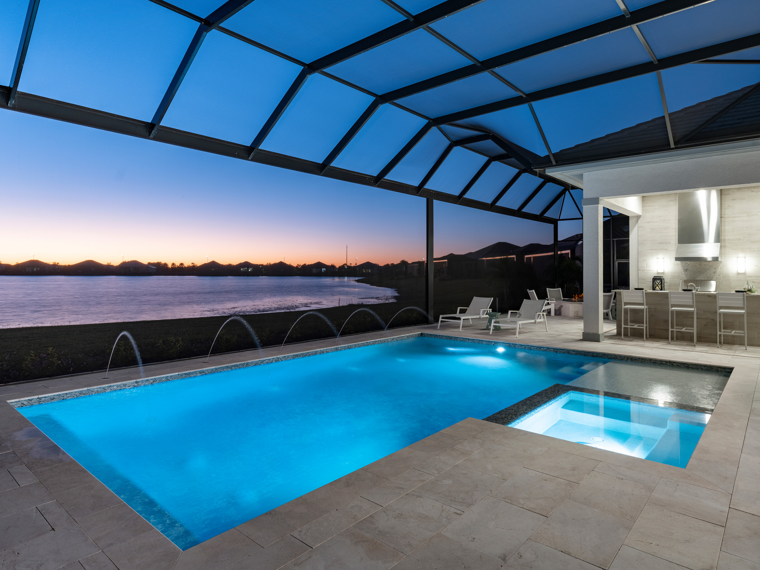 Pool with fire bowl accents
