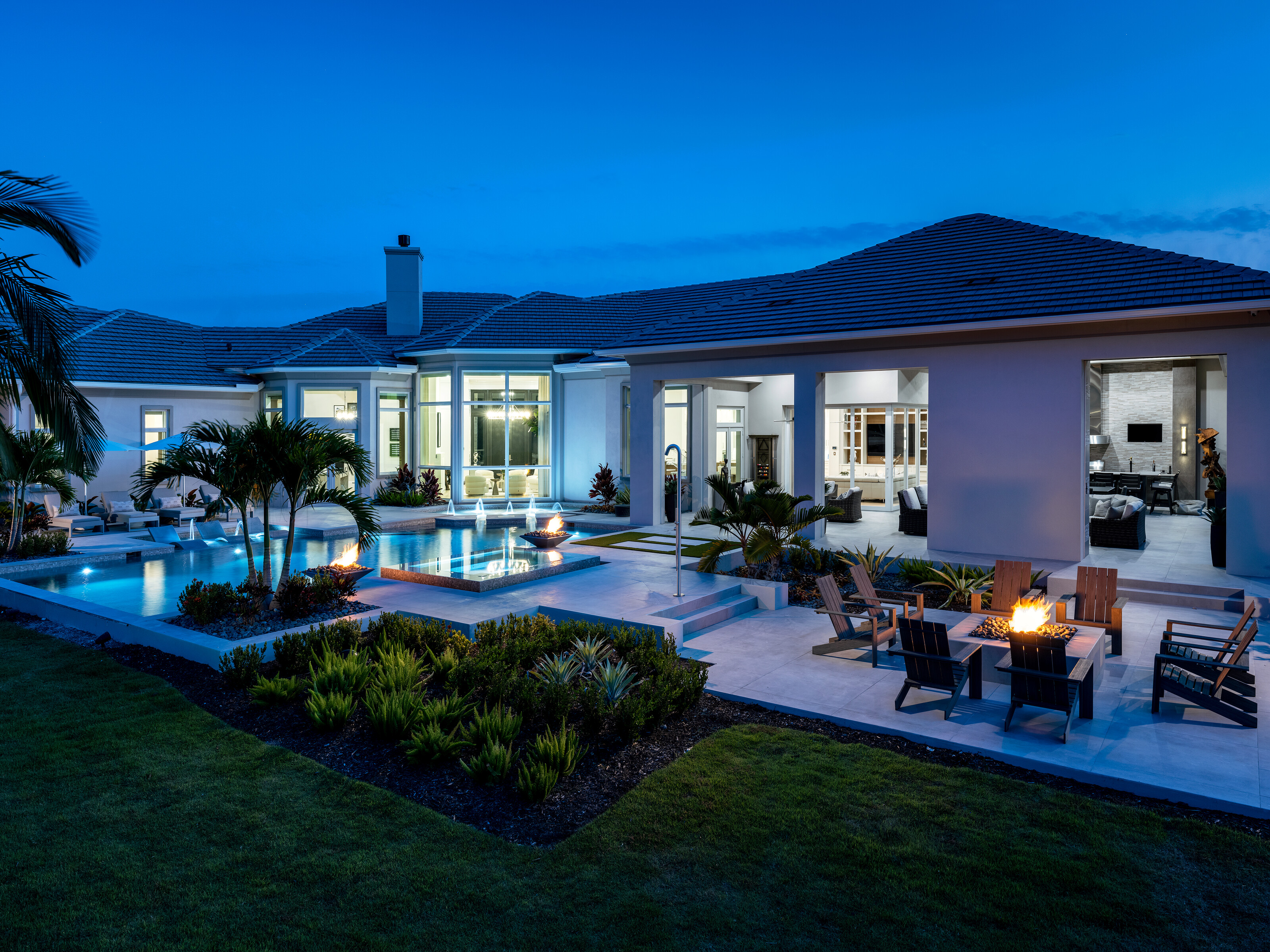 Dramatic fire bowl pool spa